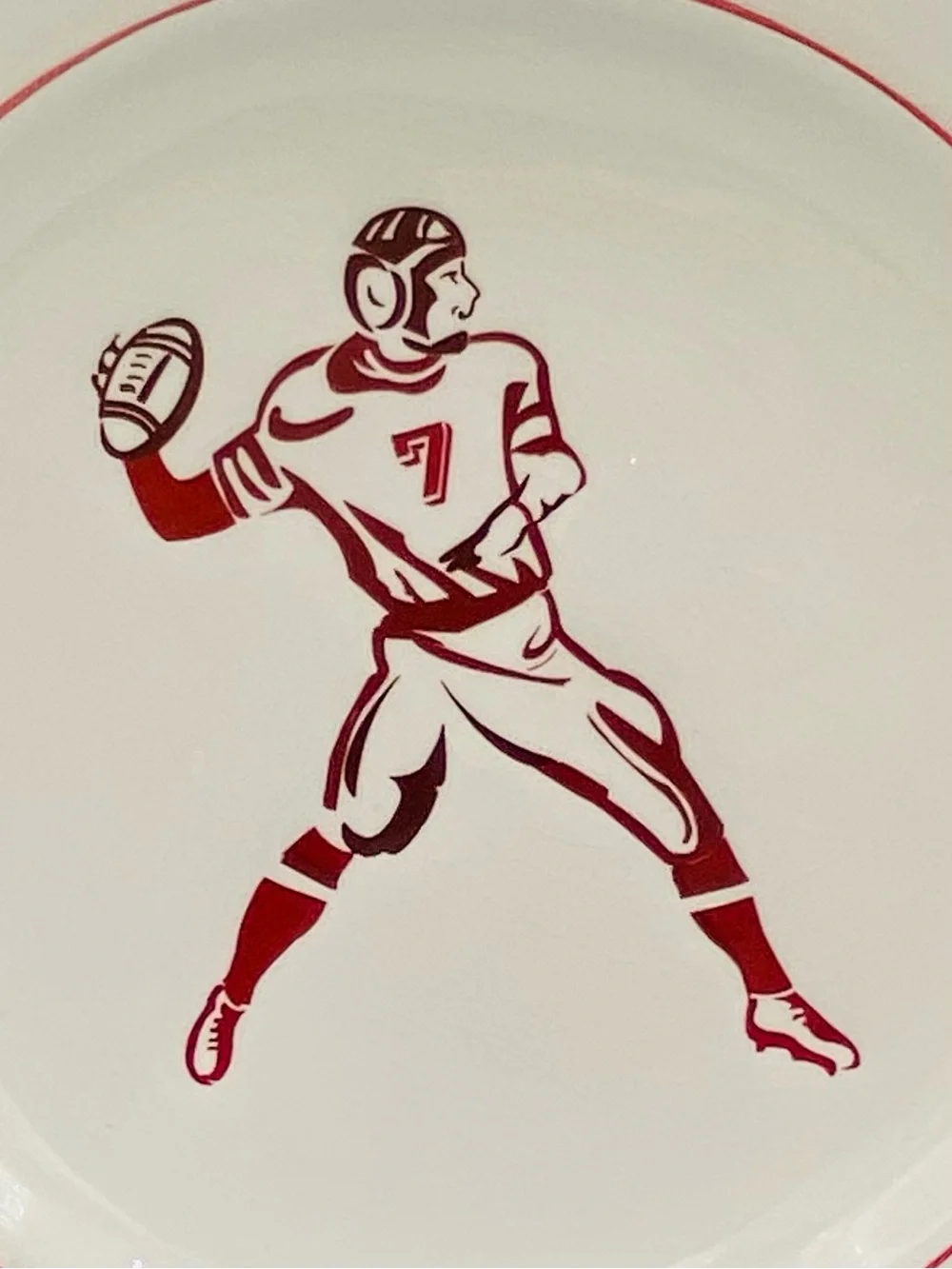 Vintage Williams Sonoma 4 Ceramic Plate  Red Football Player Snack Desert Salad
